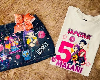K-Pop Demon Hunters Birthday Outfit | Personalized Denim Skirt & Shirt Set
