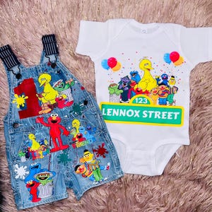 Cartoon  Birthday Outfit, Custom Baby Boy  Birthday Outfit,  Big Bird Overalls, Personalized Street  Bodysuit, Cake Smash