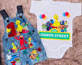 Sesame  Birthday Outfit, Custom Baby Boy  Birthday Outfit, Elmo Big Bird Overalls, Personalized Sesame  Bodysuit, Cake Smash