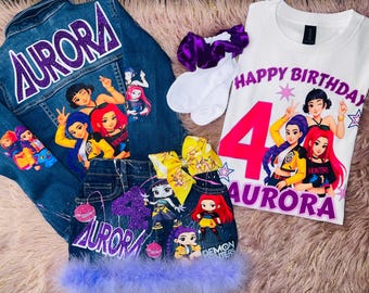 Custom Huntrix Denim Skirt Set, Personalized Birthday Outfit Girl