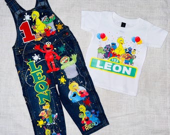 Sesame Street Birthday Outfit | Custom Elmo Overalls Set | Personalized Sesame Street Outfit | Boys Birthday Outfit | Custom Name & Age Set