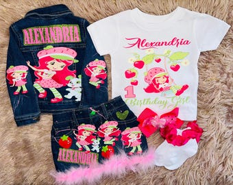 Strawberry Shortcake Birthday Outfit – Custom Denim Jacket, Skirt & Shirt Set