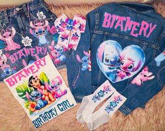 Personalized Stitch Denim Birthday Outfit Set – Lilo & Stitch Skirt, Shirt, Jacket, Socks