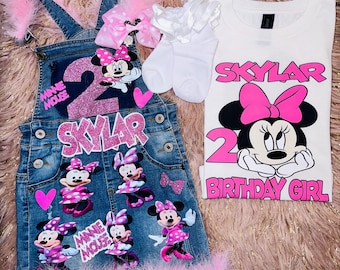 Custom Minnie Birthday Outfit – Personalized Denim Overall Skirt + Birthday Shirt – Pink Customized Jean Dress