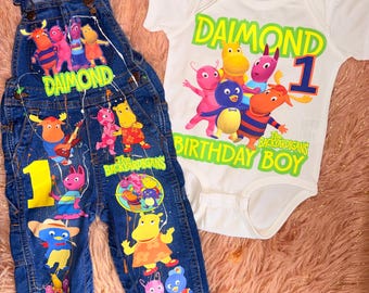 Cartoon Friends  Birthday Boy Outfit, Personalized Denim Overalls, Custom Birthday Bodysuit, Baby Boy First Birthday Outfit