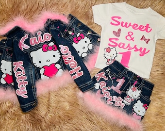 Kitty Inspired Birthday Outfit | Custom Denim Jacket, Skirt & Shirt