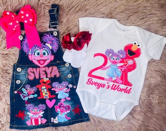 Personalized Elmon Amd Abby Cadabby Birthday Outfit | Custom Denim Jumper & Shirt Set