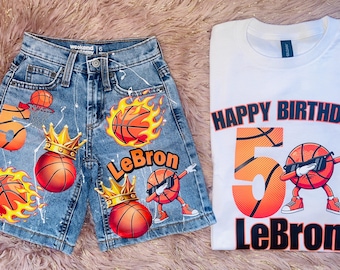 Personalized Basketball Birthday Outfit – Custom Name Shirt & Denim Shorts
