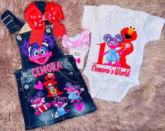 Personalized Elmon Amd Abby Cadabby Birthday Outfit | Custom Denim Jumper & Shirt Set