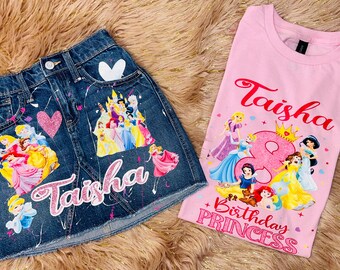 Personalized Princess Birthday Outfit – Custom Name Denim Skirt Set