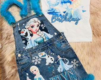 Custom Frozen Birthday Outfit – Personalized Denim Skirt, Fur Trim Shirt