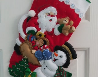 Finished Bucilla Stocking SANTA and SNOWMAN 18 inches UNIQUE