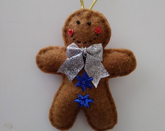 Handmade Felt GINGERBREAD MAN Ornament Siver Bow Blue Stars 4"h x 3"h