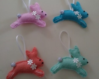 Handmade Set of 4 Felt Bunny Ornaments 3"w x 2 1/2"h