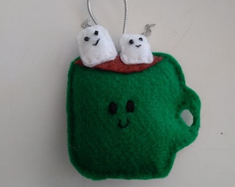Handmade Felt GREEN HOT COCOA Ornament  3&quot; h x 3 1/2&quot;w