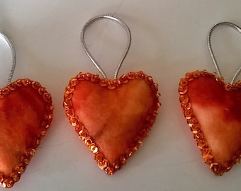Set of 3 Handmade Tie Dye Felt and Sequin Heart  Ornaments   2x2&quot; ORANGE