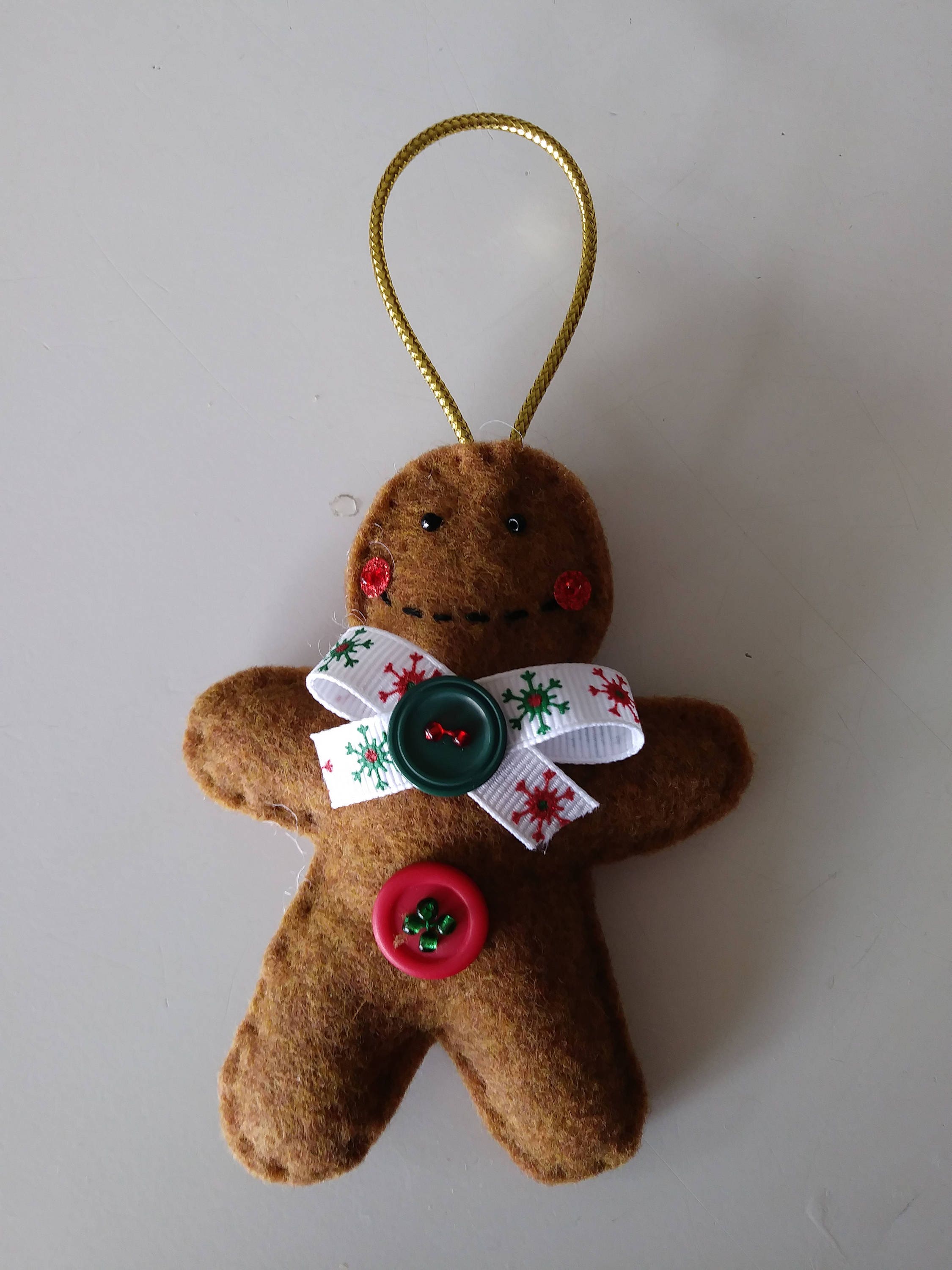 Handmade Felt GINGERBREAD MAN Ornament Red Green Buttons 4"h x 3"h