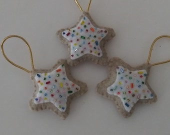 Set of 3 Handmade Felt CHRISTMAS COOKIE Star Ornaments  2 1/2 x 2 1/2&quot;