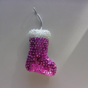 Handmade Felt and Sequin  PINK   STOCKING   Ornament 4&quot; h x 3 &quot;w