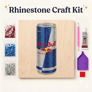 May include: A Rhinestone Craft Kit featuring a wooden board with a Red Bull energy drink can design covered in rhinestones. Includes three bags of red, blue, and silver rhinestones, a pink applicator tool, a tube of B-7000 glue, and a purple tray.