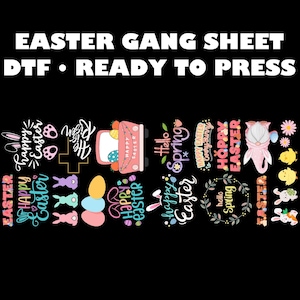 以下が含まれることがあります： 「EASTER GANG SHEET DTF • READY TO PRESS」のテキストが上部に配置された黒い背景。イースターをテーマにしたカラフルなグラフィックが並び、卵、ウサギ、「Happy Easter」と「Hello Spring」の文字が含まれています。