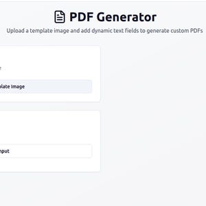 Könnte beinhalten: Eine Webseiten-Oberfläche für einen PDF-Generator. Die Seite zeigt den Text "PDF Generator" und Anweisungen zum Hochladen eines Vorlagenbildes und zum Hinzufügen dynamischer Textfelder. Bereiche für "Vorlagenbild" und "Texteingaben".