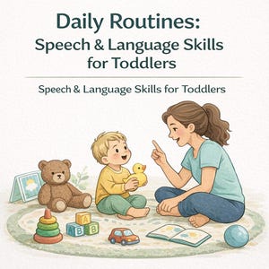 Könnte beinhalten: Ein digitales Lehrmittel mit dem Titel Sloth Speech Play Co. Daily Routines: Speech & Language Skills for Toddlers. Die Illustration zeigt ein Kind, das mit einer gelben Quietscheente, einem Teddybären, Bauklötzen und einem Auto spielt.