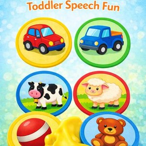 May include: A colorful children's educational game titled "Smash & Name It! Toddler Speech Fun." The game features illustrations of a red car, blue truck, cow, sheep, ball, and teddy bear. The background is a light blue with a bokeh effect.