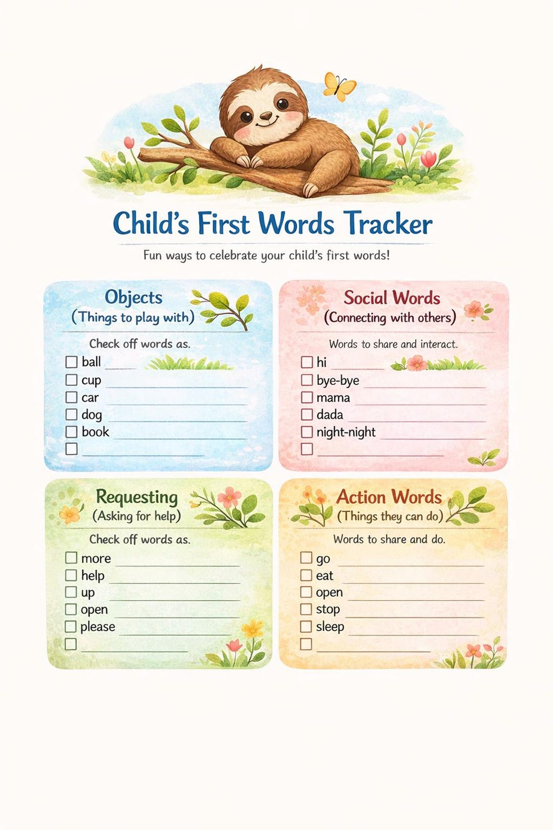 Child's First Words Tracker | Printable Speech Therapy Resource for ...