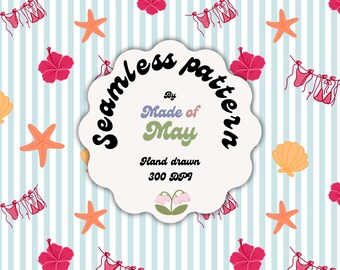 Tropical Beach Seamless Pattern | Seashells, Hibiscus, Bikinis (Digital pattern Download)