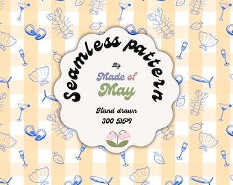 Coastal Summer Seamless Pattern | Lemon, Oyster, Sardine Gingham (Digital pattern download)