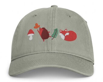 Forest Critters Embroidery Cap | Mushroom Squirrel Fox Hat | Hand drawn art embroidery