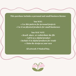 May include: A rectangular olive green sign with a wavy pink border and white text outlining licensing terms. The text specifies personal and small business use, prohibitions on reselling or sharing files, and includes the copyright MadeofMay.