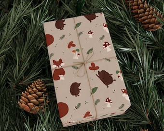 Hand-Drawn Forest Animals Wrapping Paper | Fox, Hedgehog, Mushrooms (90gsm Fine Art Paper)