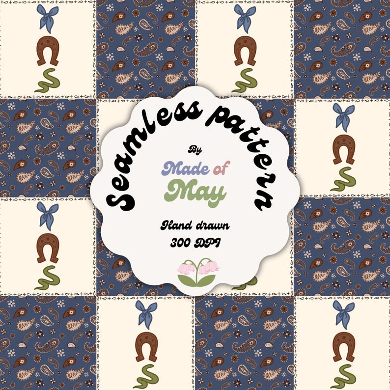 May include: A seamless pattern design featuring a grid of alternating squares. One set of squares displays a blue paisley print, while the other features a cream background with a blue bow, brown horseshoe, and green snake. Text reads: Seamless pattern By Made of May Hand drawn 300 DPI.