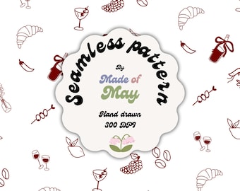 Mediterranean Food Seamless Pattern | Red Aperitivo Cafe Icons, Wine, Croissant (Digital Download)
