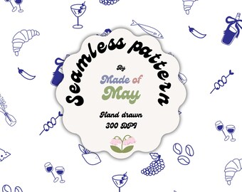 Mediterranean Food Seamless Pattern | Blue Aperitivo Cafe Icons, Croissant, Wine (Digital Download)