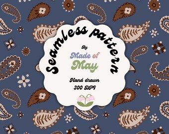 Western Paisley Bandana Print, Blue and Cream Stripe seamless pattern (Digital Download)