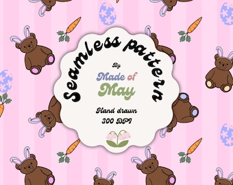 Easter Teddy Bear Seamless Pattern | Bunny Ears, Carrots, Floral Eggs (Digital Download)
