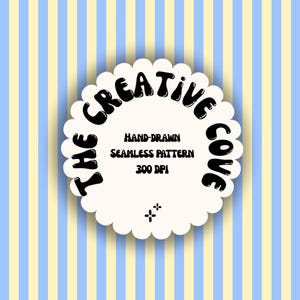 May include: A digital design featuring a white scalloped circle with the text "THE CREATIVE COVE" in black, surrounding the words "HAND-DRAWN SEAMLESS PATTERN 300 DPI". The background has vertical stripes in light blue and yellow.