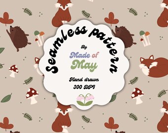Woodland Animals Seamless Pattern, Fox Hedgehog Mushroom Autumn Print , Nursery wallpaper (Digital Download)