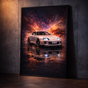 May include: A framed print featuring a white sports car with a rear spoiler, set against a fiery, abstract background. The car's headlights are illuminated, and its reflection is visible on the wet surface below. The license plate reads "2JZ-GTE".