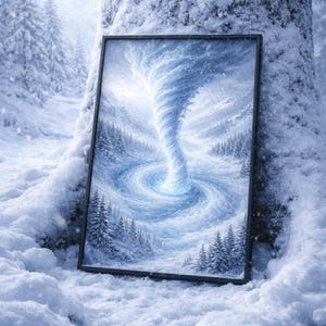 May include: A framed art print depicting a swirling blue tornado over a snowy landscape with evergreen trees. The artwork is set against a backdrop of a snow-covered forest and a large tree trunk.
