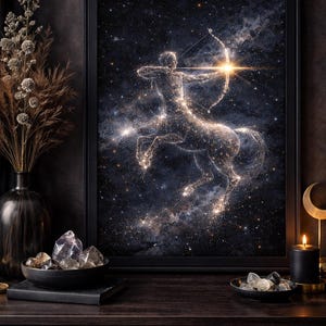 Puede incluir: Impresión artística enmarcada que representa la constelación de Sagitario, un arquero centauro brillante sobre un cielo estrellado. La obra, enmarcada en negro, se exhibe sobre una superficie de madera oscura con elementos decorativos.