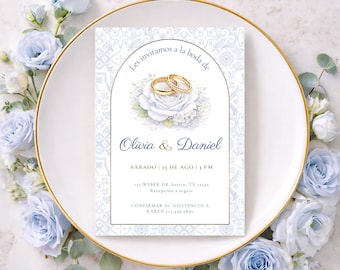 Invitaciones de boda Anillos de compromiso Invitación de boda española, Plantilla Canva, Descarga digital