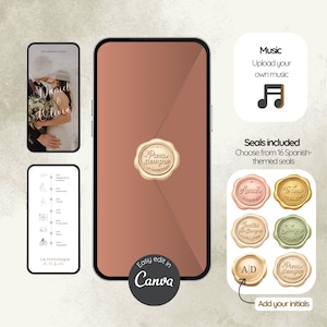 Op de afbeelding: Een digitale trouwuitnodigingssjabloon weergegeven op een smartphone, met een foto van het paar en evenementdetails. Inclusief opties voor muziek, Spaans gethematiseerde zegels en eenvoudig bewerken in Canva. Het ontwerp is in bruin- en wittinten.
