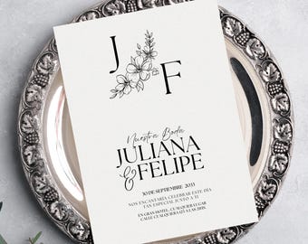 Mall för minimalistisk blommig bröllopsinbjudan, elegant 5x7 (digital nedladdning av Canva)