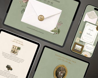 Plantilla web vintage para bodas españolas, estilo clásico, Canva (descarga digital)