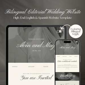 Könnte beinhalten: Digitales Mockup einer Hochzeitswebsite-Vorlage, angezeigt auf einem Tablet und einem Smartphone. Die Website verfügt über ein zweisprachiges Design mit englischen und spanischen Optionen. Das Design enthält den Text "Alvin and May" und "You are Invited."