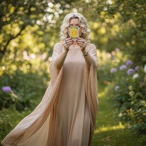 May include: A floor-length, light beige kaftan dress with wide, flowing sleeves and a round neckline. The garment is made of a solid, lightweight fabric that drapes loosely over the body, creating a simple and elegant silhouette for any occasion.